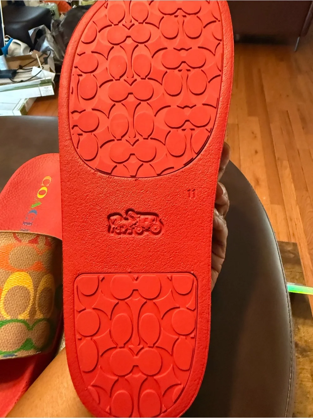 Coach Bright Red Slides with Multicolor Signature Strap - Picture 5 of 8
